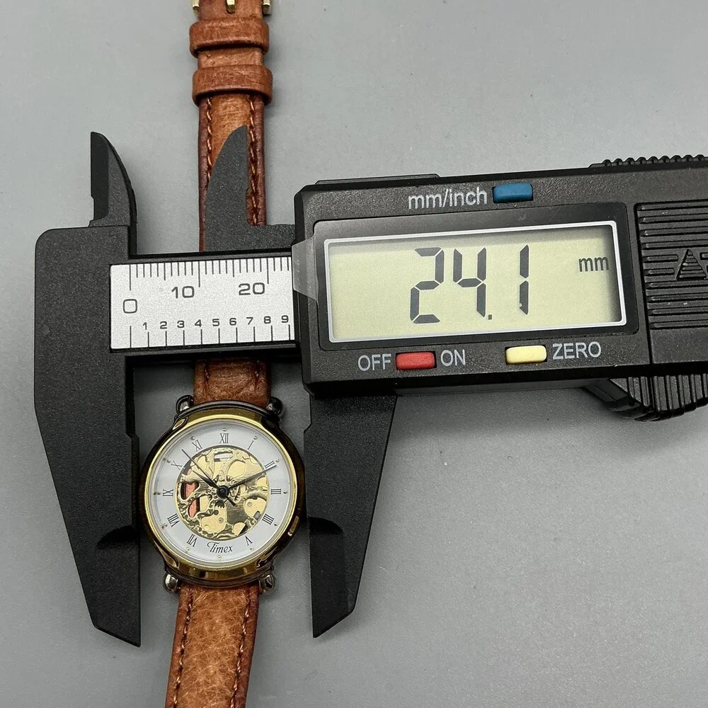 Vintage Timex Womens Watch 24mm Gold White Skeleton Brown Leather New Battery